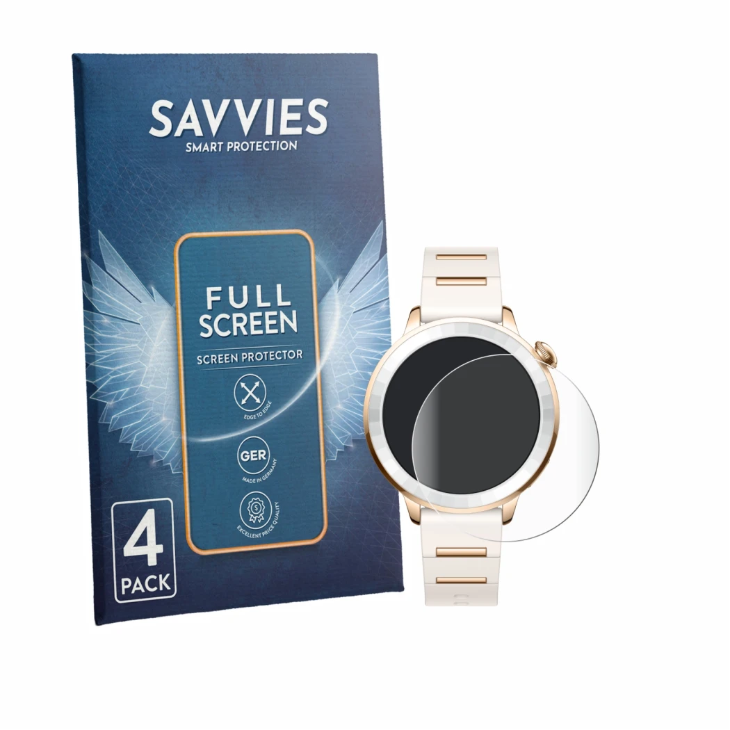 Front side of a product packaging with the brand logo Savvies. Next to it is the device Oppo Watch X3 Mini shown with the corr