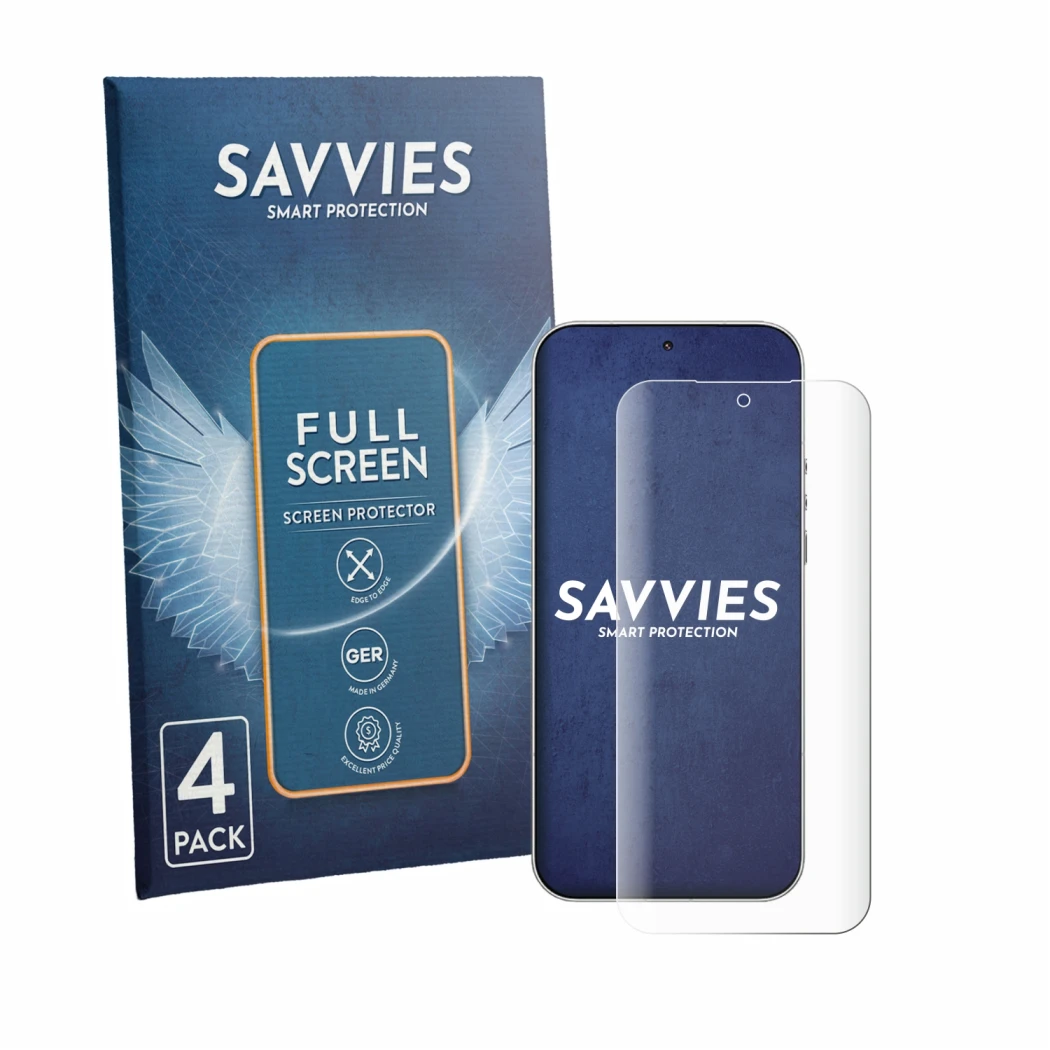 Front side of a product packaging with the brand logo Savvies. Next to it is the device Xiaomi Leica Leitzphone shown with the