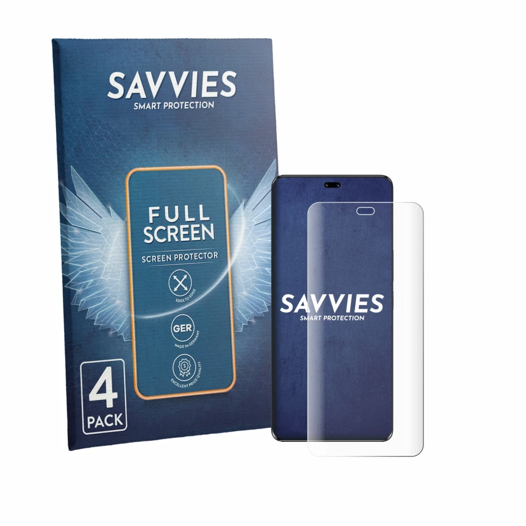Front side of a product packaging with the brand logo Savvies. Next to it is the device Honor 100 Pro shown with the correspon