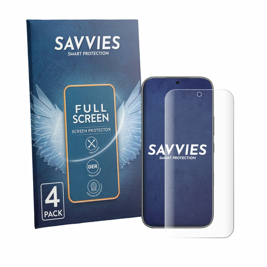 Front side of a product packaging with the brand logo Savvies. Next to it is the device Honor 600 shown with the corresponding