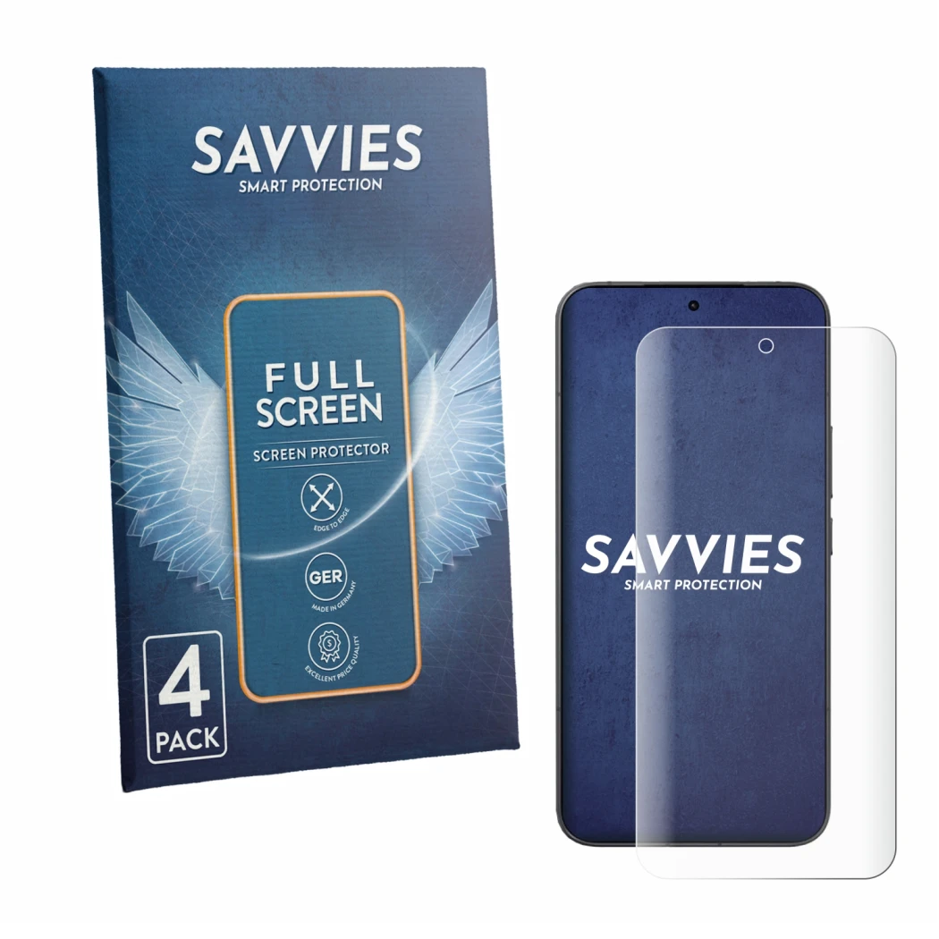 Front side of a product packaging with the brand logo Savvies. Next to it is the device Xiaomi 17T Pro shown with the correspo