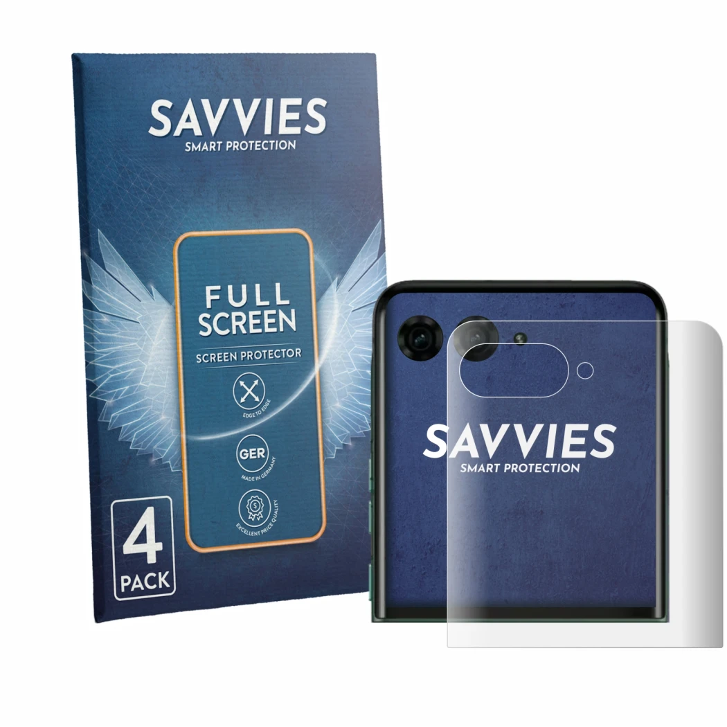 Front side of a product packaging with the brand logo Savvies. Next to it is the device Motorola Razr 70 Plus (Back display) s
