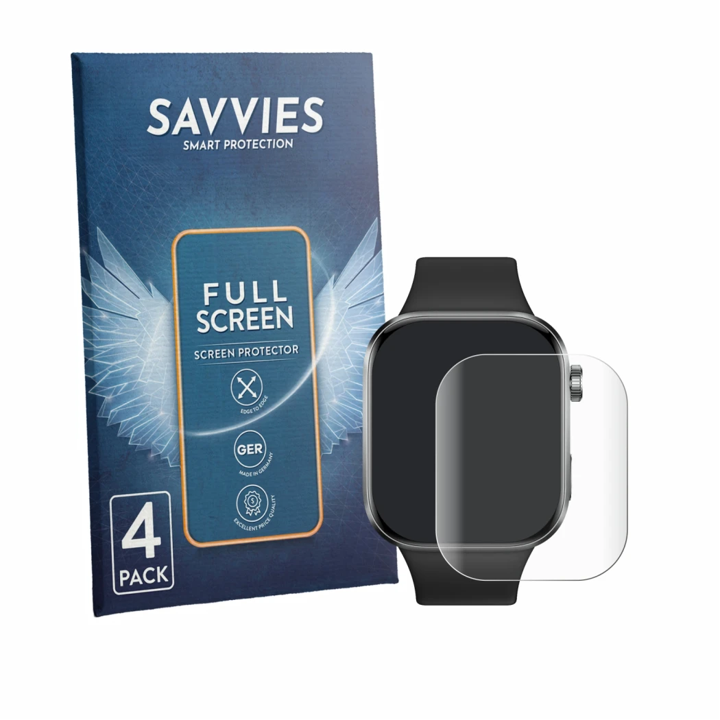 Front side of a product packaging with the brand logo Savvies. Next to it is the device Xiaomi Redmi Watch 6 shown with the co