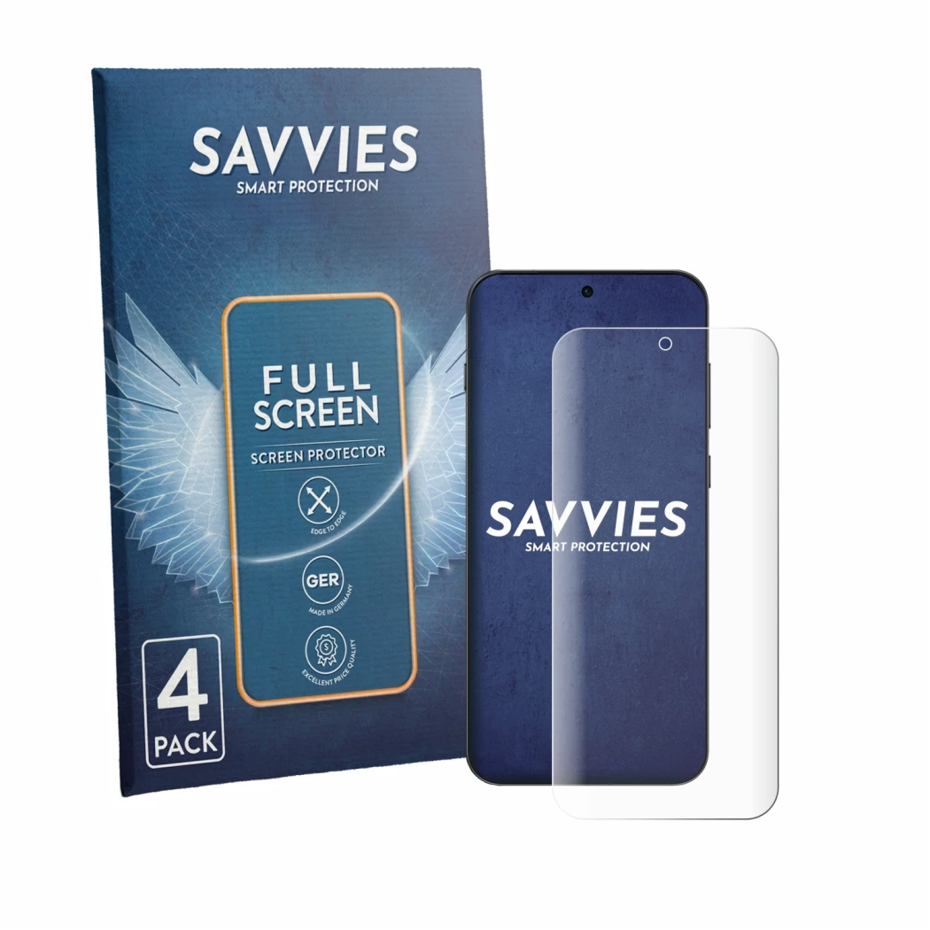 Front side of a product packaging with the brand logo Savvies. Next to it is the device Oppo Find X9s shown with the correspon