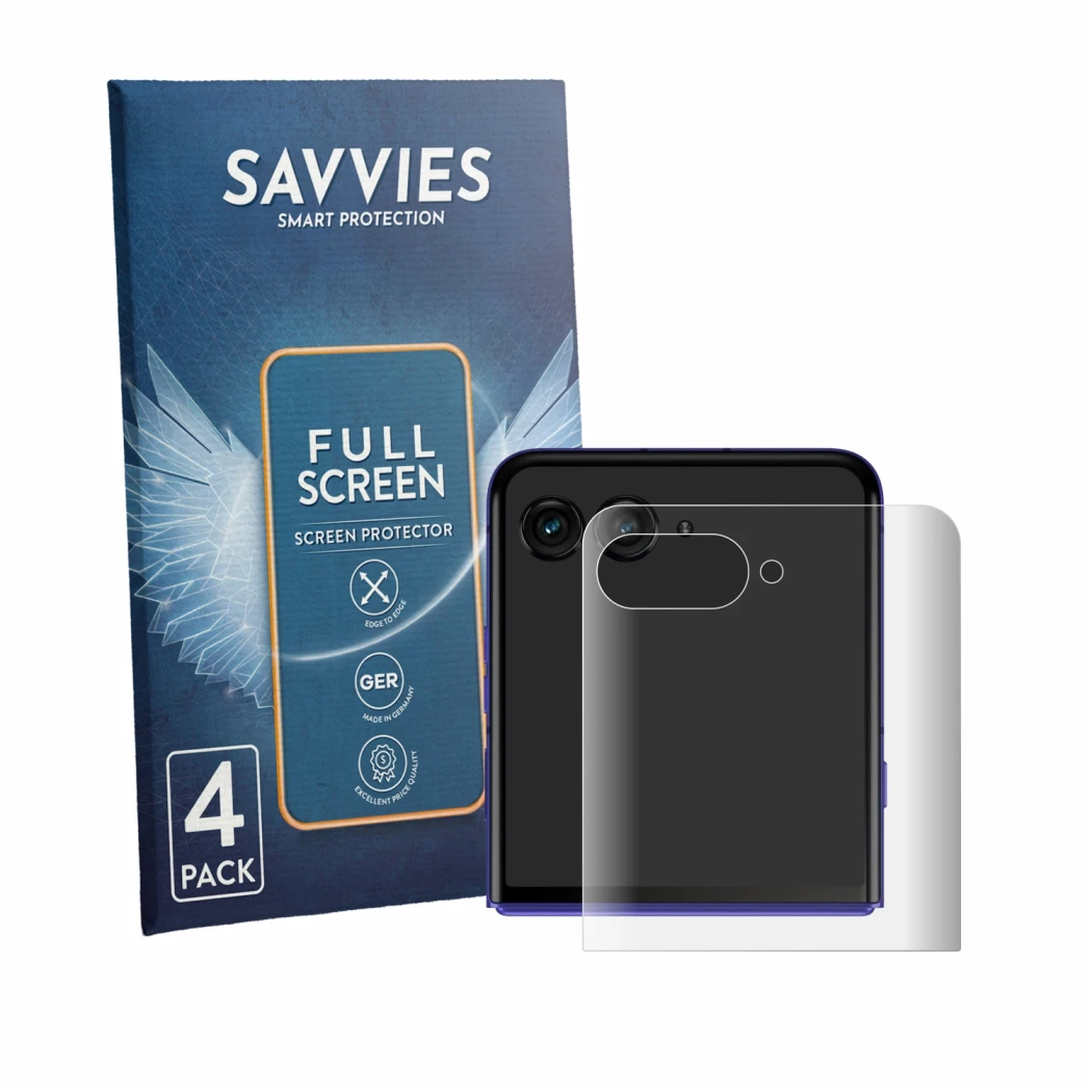 Front side of a product packaging with the brand logo Savvies. Next to it is the device Motorola Razr 70 Ultra (Back display) 
