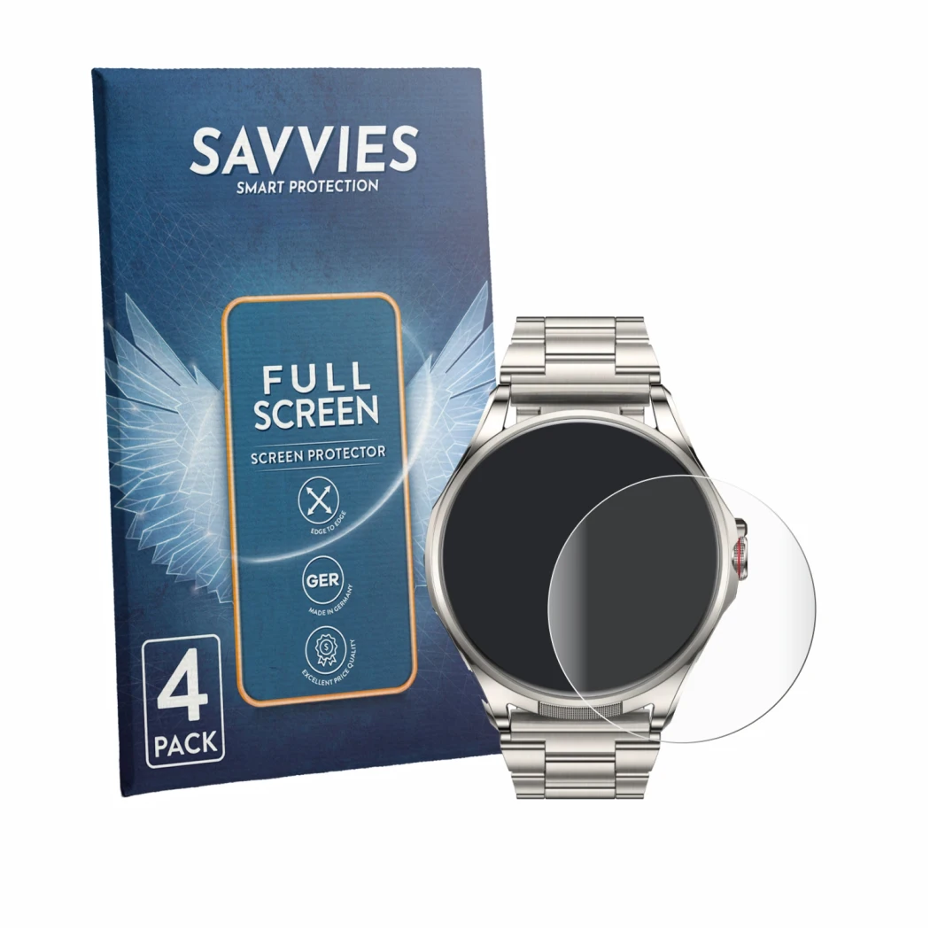 Front side of a product packaging with the brand logo Savvies. Next to it is the device Huawei Watch Buds 2 shown with the cor