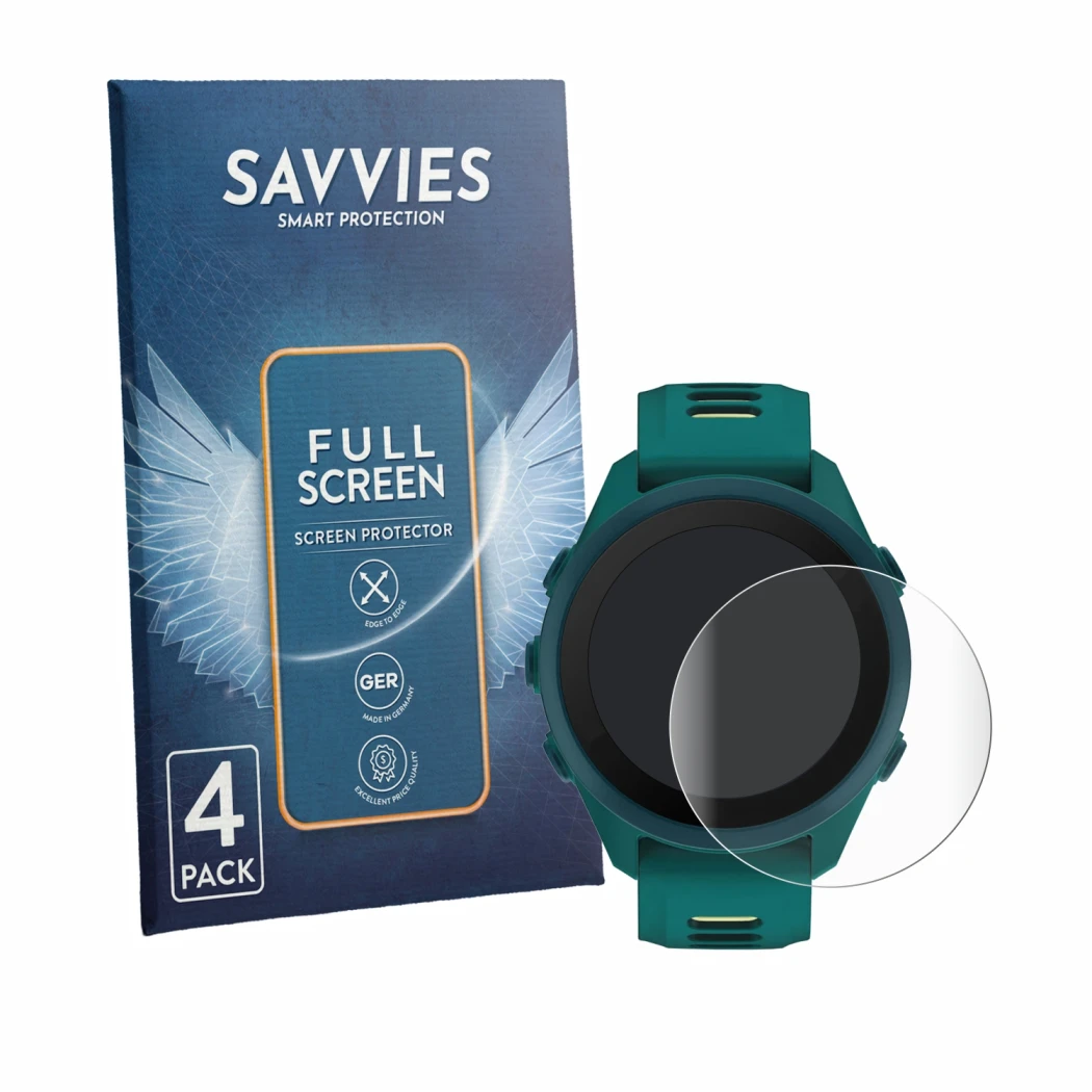 Front side of a product packaging with the brand logo Savvies. Next to it is the device Garmin Forerunner 170 Music shown with