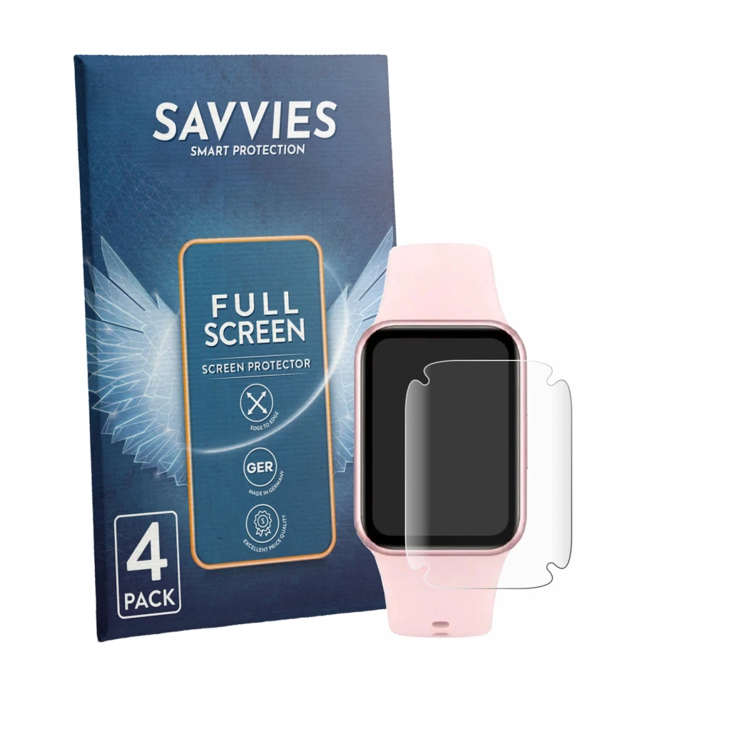 Front side of a product packaging with the brand logo Savvies. Next to it is the device Xiaomi Smart Band 10 Pro shown with th
