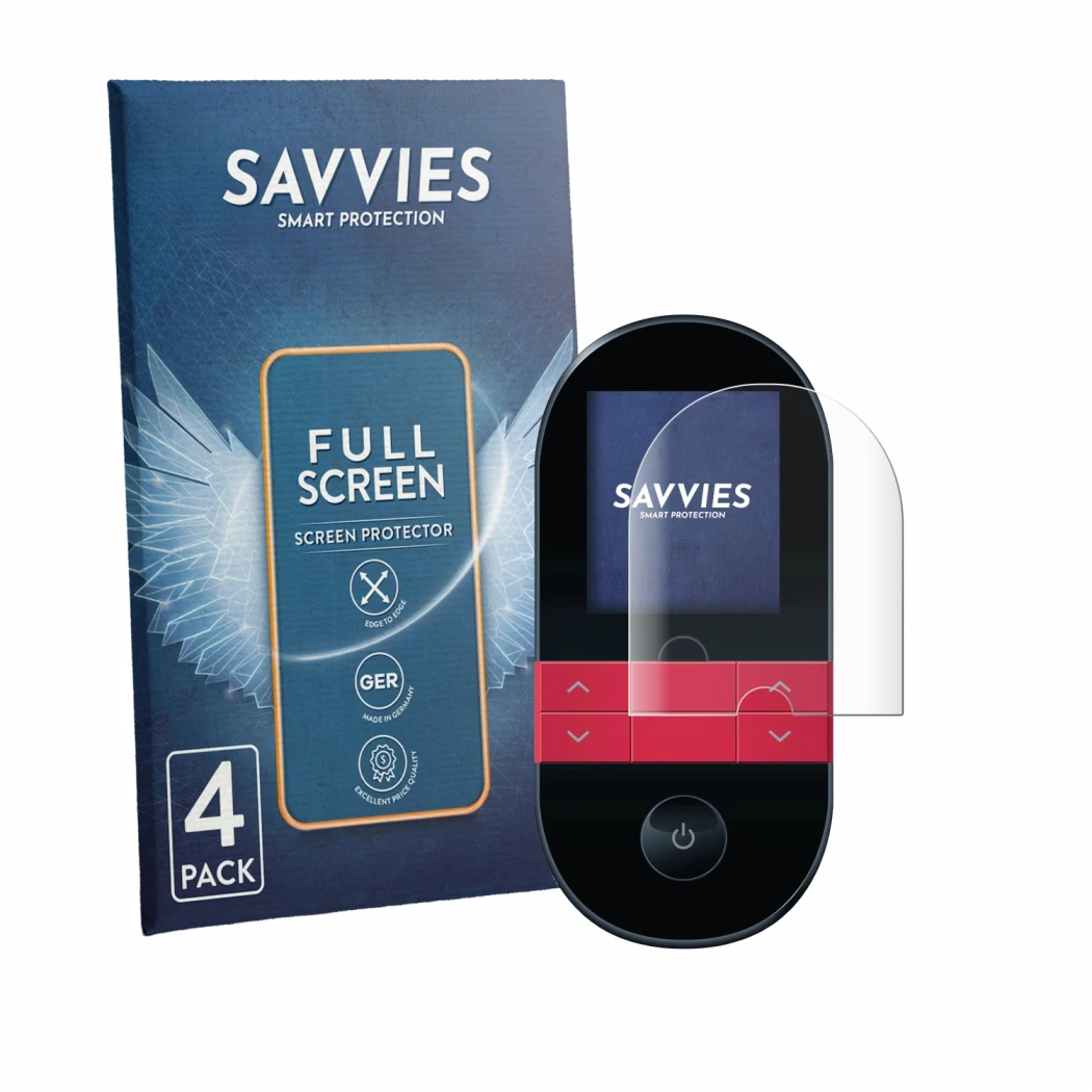 Front side of a product packaging with the brand logo Savvies. Next to it is the device Beurer EM 59 shown with the correspond