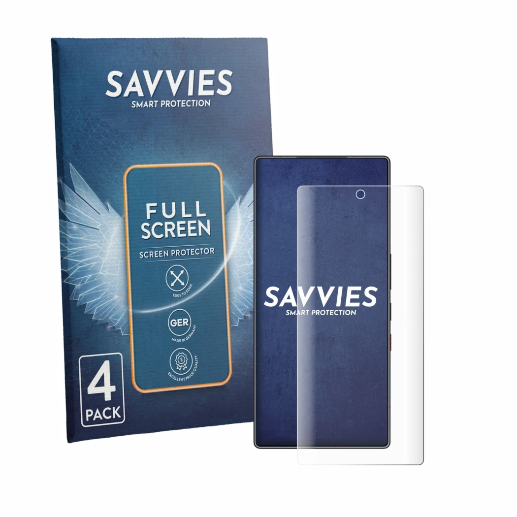 Front side of a product packaging with the brand logo Savvies. Next to it is the device ZTE Nubia Red Magic 11S Pro Plus shown