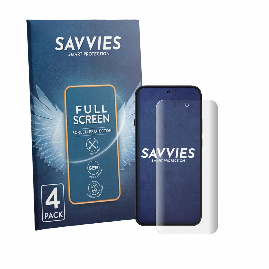 Front side of a product packaging with the brand logo Savvies. Next to it is the device Nothing Phone (4b) shown with the corr