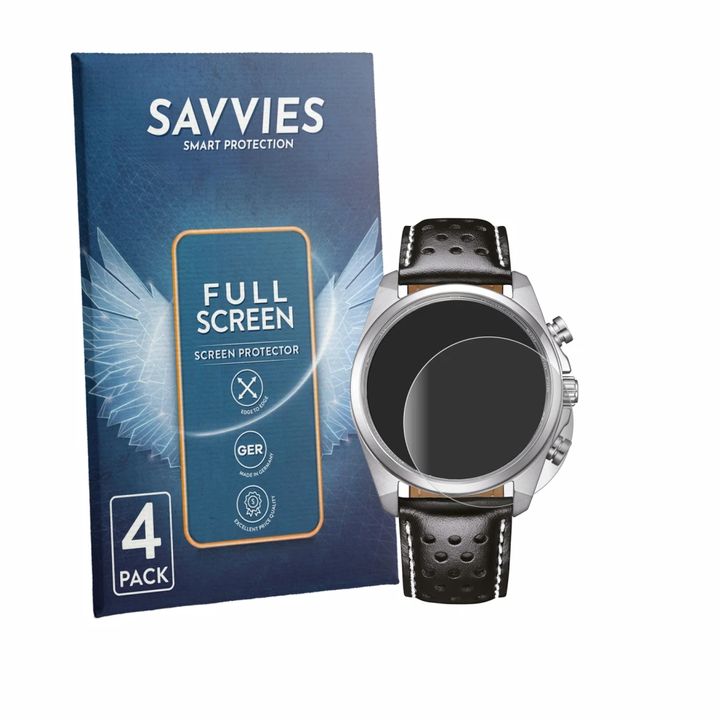 Front side of a product packaging with the brand logo Savvies. Next to it is the device Citizen CA4640-09A shown with the corr