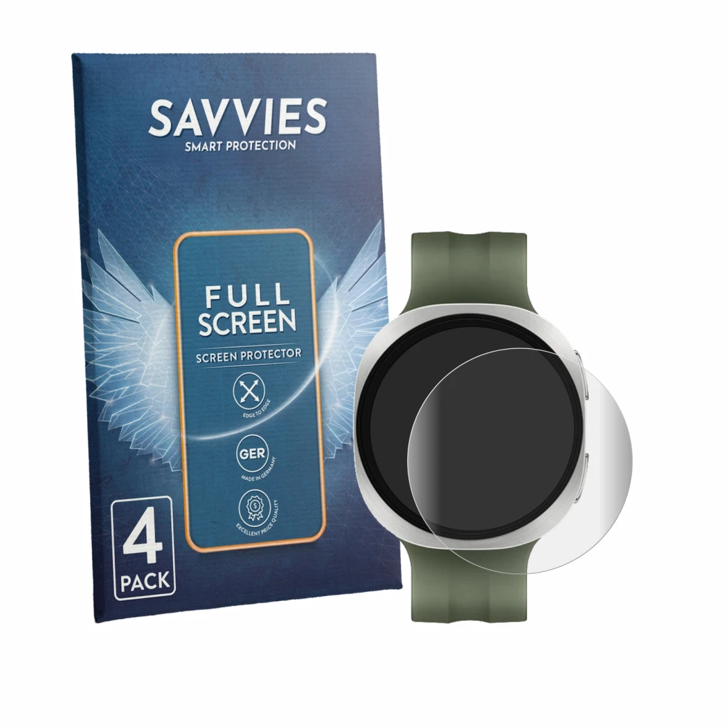 Front side of a product packaging with the brand logo Savvies. Next to it is the device Samsung Galaxy Watch 9 (40 mm) shown w