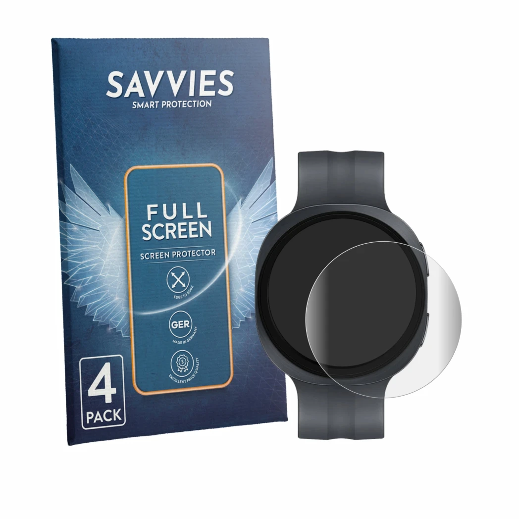 Front side of a product packaging with the brand logo Savvies. Next to it is the device Samsung Galaxy Watch 9 (44 mm) shown w