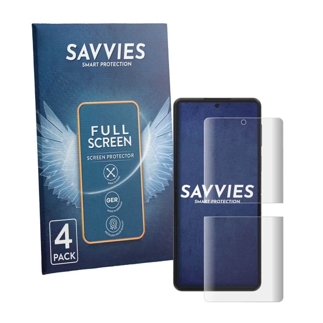 Front side of a product packaging with the brand logo Savvies. Next to it is the device Samsung Galaxy Z Flip 8 shown with the