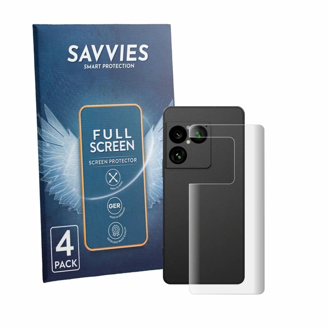 Front side of a product packaging with the brand logo Savvies. Next to it is the device Sony Xperia 1 VIII (Back) shown with t