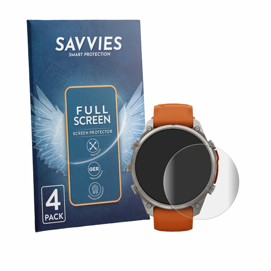 Front side of a product packaging with the brand logo Savvies. Next to it is the device Garmin Fenix 9 Pro (47 mm) shown with