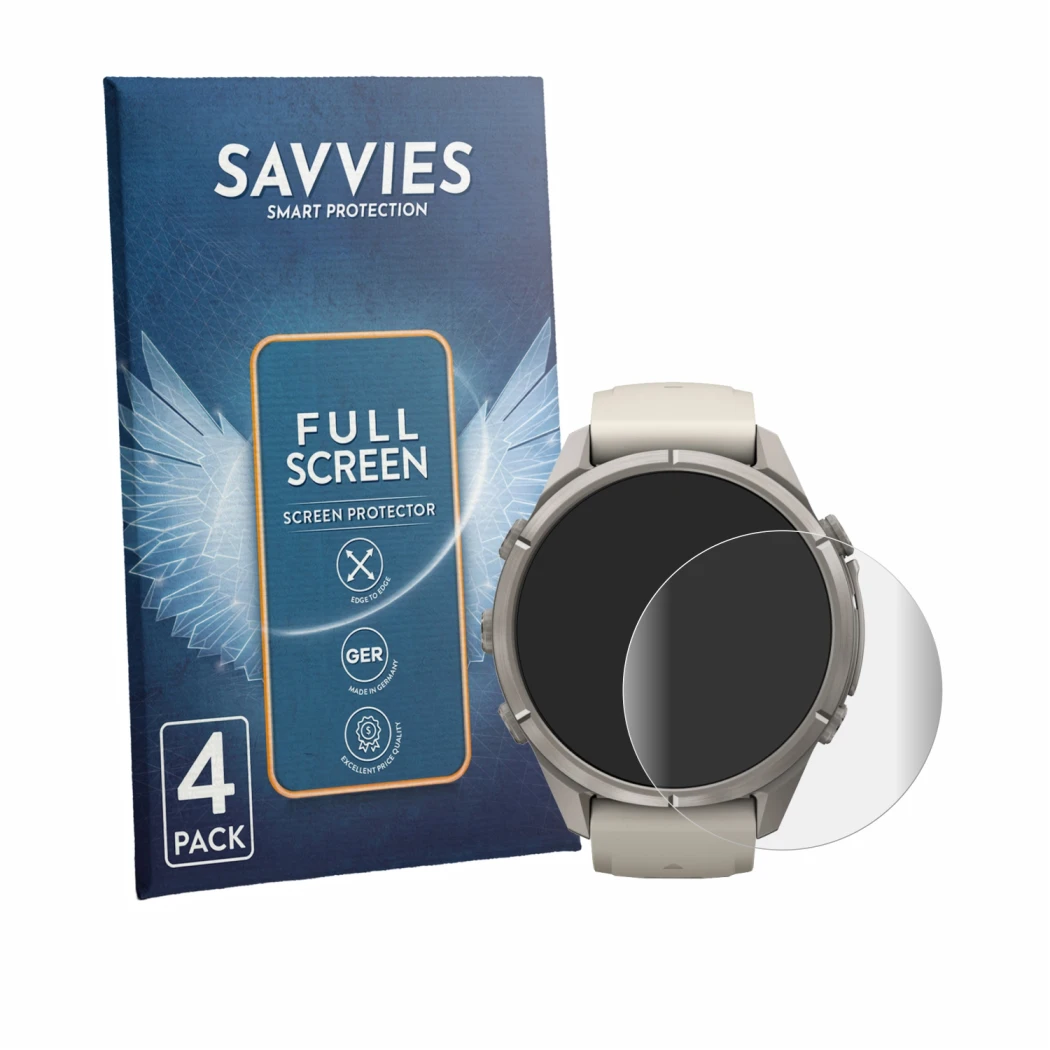 Front side of a product packaging with the brand logo Savvies. Next to it is the device Garmin Fenix 9 Pro (43 mm) shown with