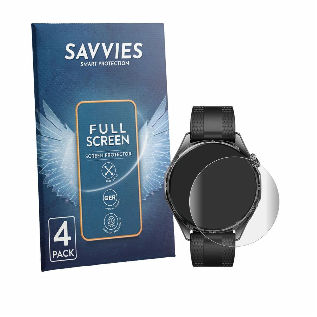 Front side of a product packaging with the brand logo Savvies. Next to it is the device Huawei Watch GT 7 (46 mm) shown with t