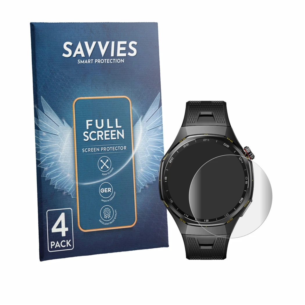Front side of a product packaging with the brand logo Savvies. Next to it is the device Huawei Watch GT 7 Pro shown with the c