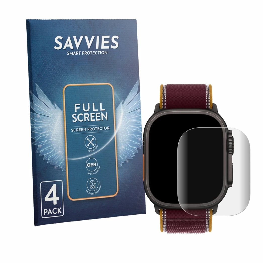 Front side of a product packaging with the brand logo Savvies. Next to it is the device Apple Watch Ultra 4 (49 mm) shown with