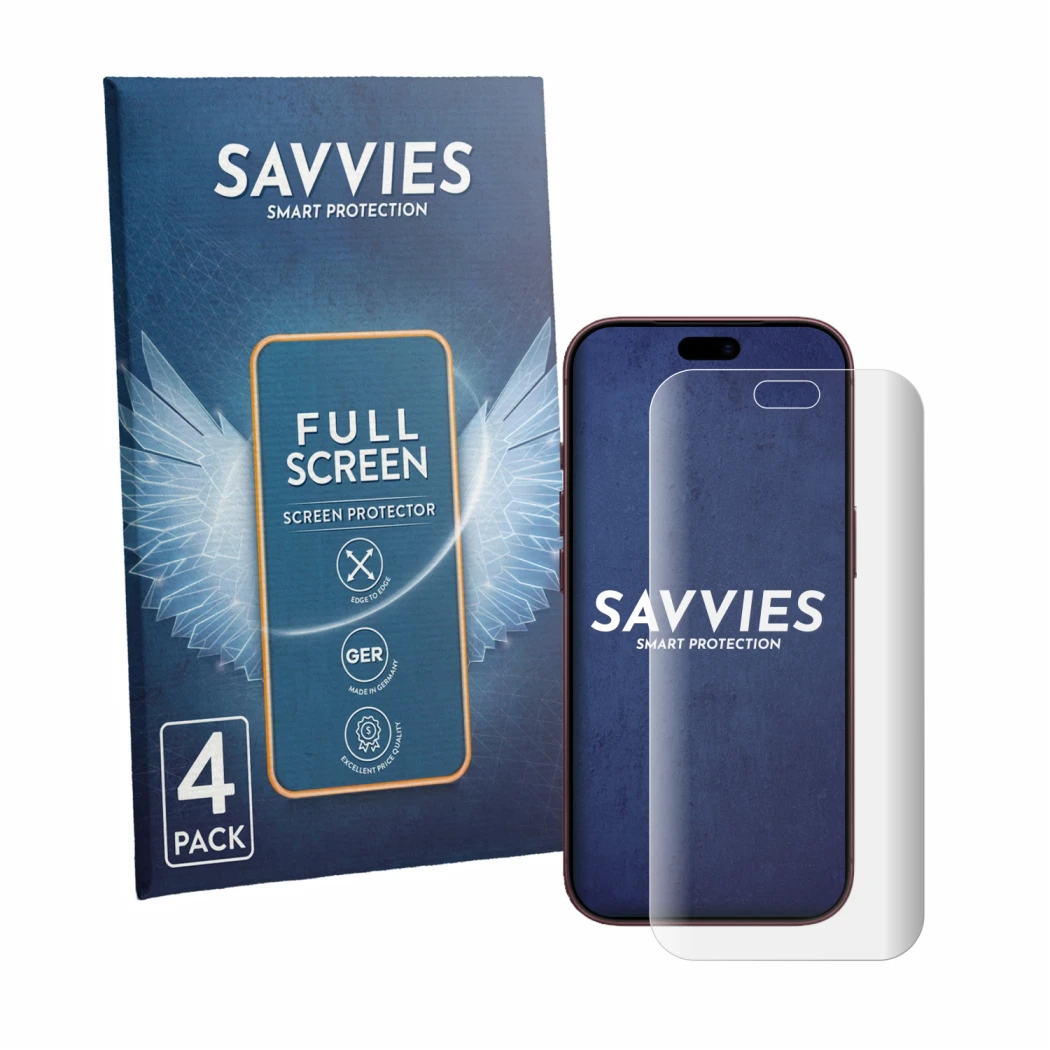 Front side of a product packaging with the brand logo Savvies. Next to it is the device Apple iPhone 18 Pro shown with the cor