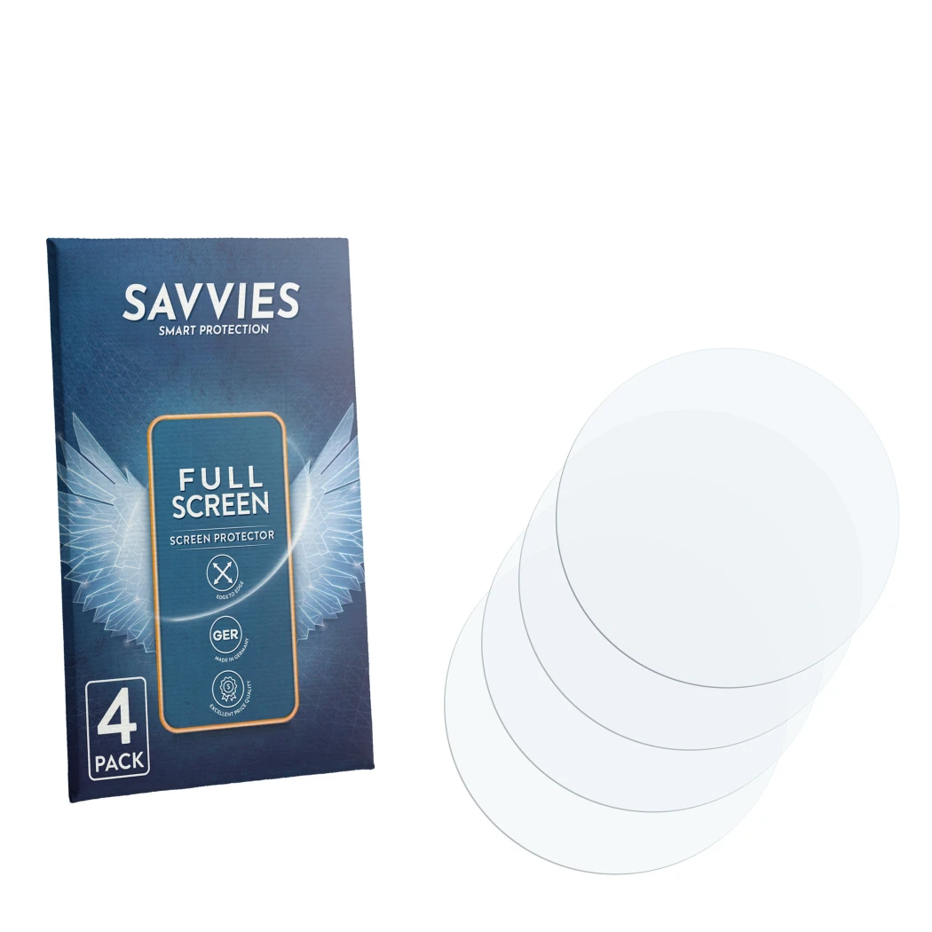 Front side of a product packaging with the brand logo Savvies. Next to it is the corresponding screen protector.