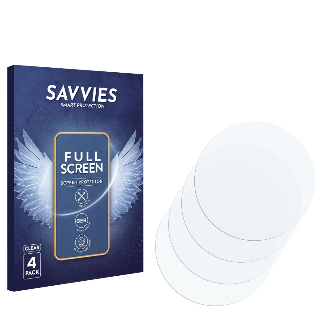 Front side of a product packaging with the brand logo Savvies. Next to it is the corresponding screen protector.
