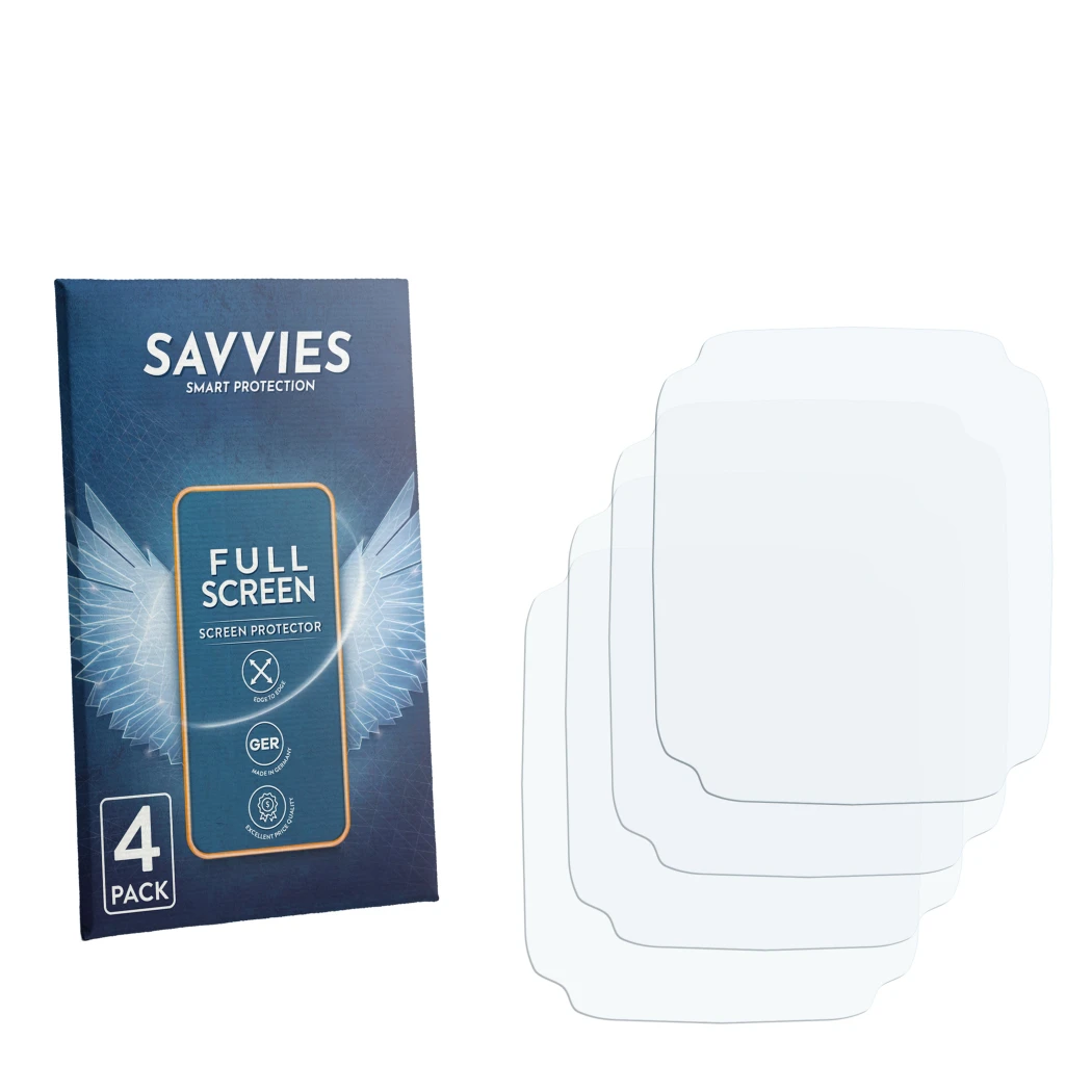 Front side of a product packaging with the brand logo Savvies. Next to it is the corresponding screen protector.