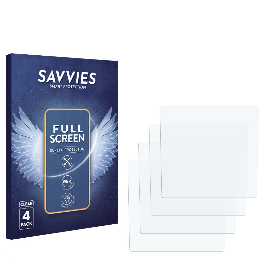 Front side of a product packaging with the brand logo Savvies. Next to it is the corresponding screen protector.