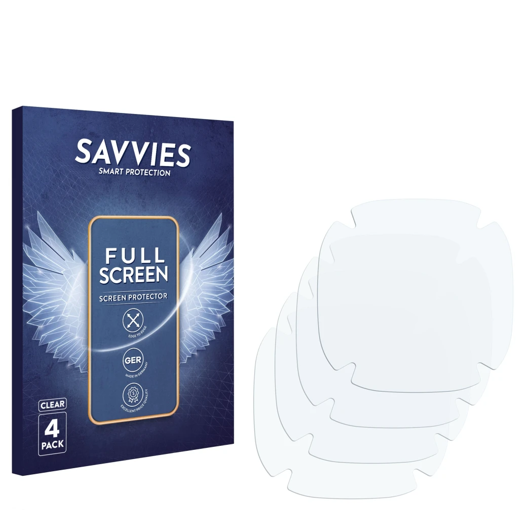 Front side of a product packaging with the brand logo Savvies. Next to it is the corresponding screen protector.