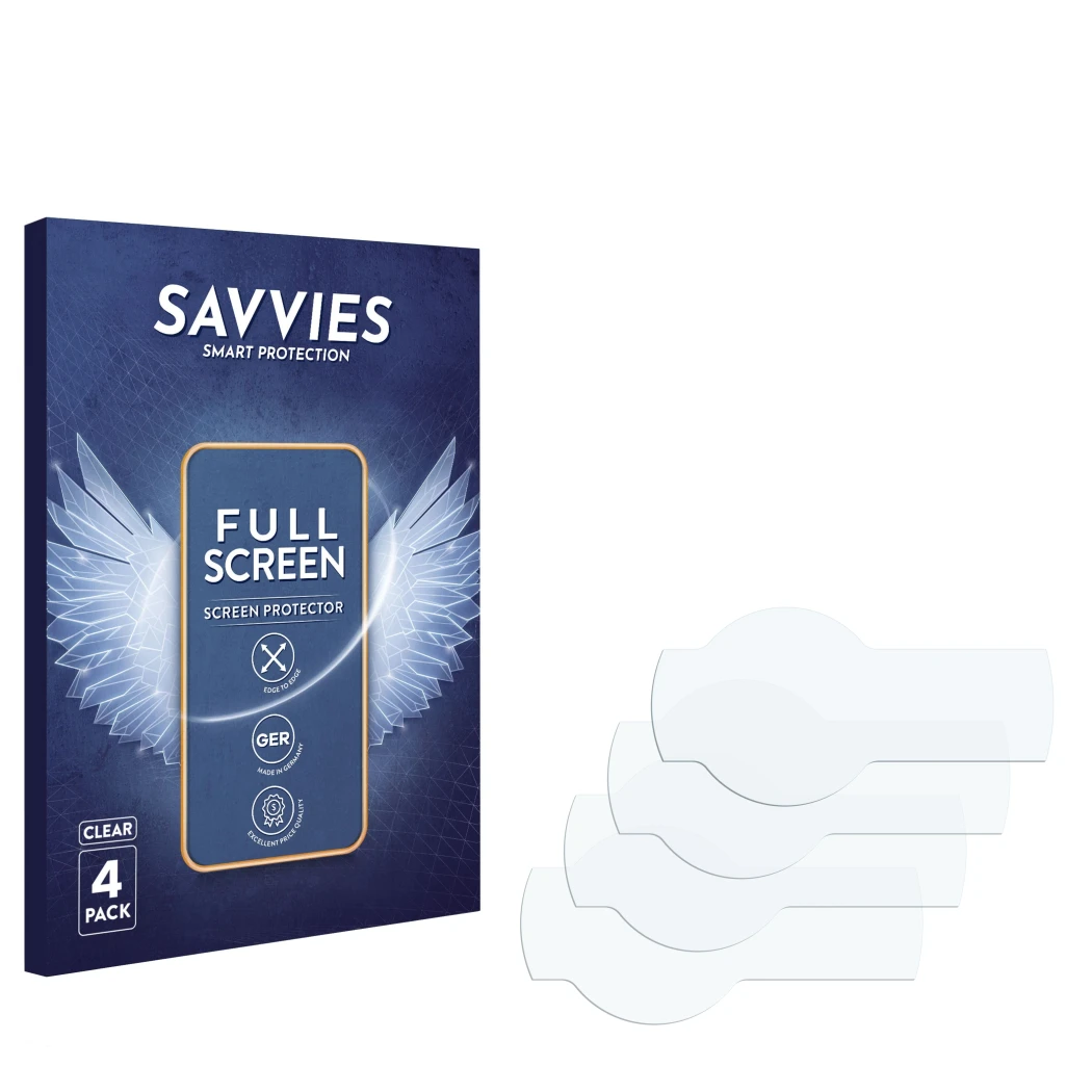 Front side of a product packaging with the brand logo Savvies. Next to it is the corresponding screen protector.