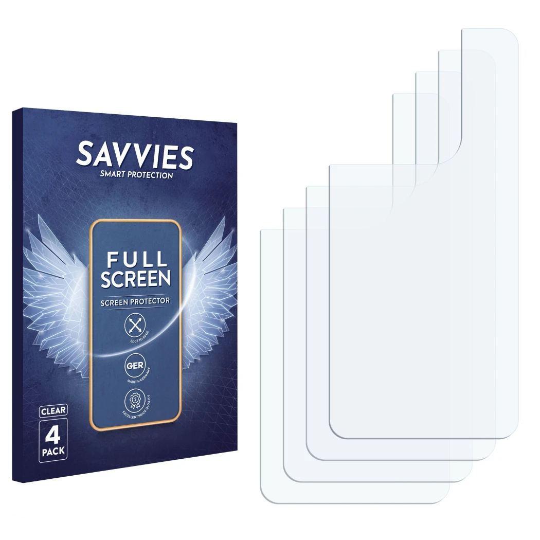 Front side of a product packaging with the brand logo Savvies. Next to it is the corresponding screen protector.