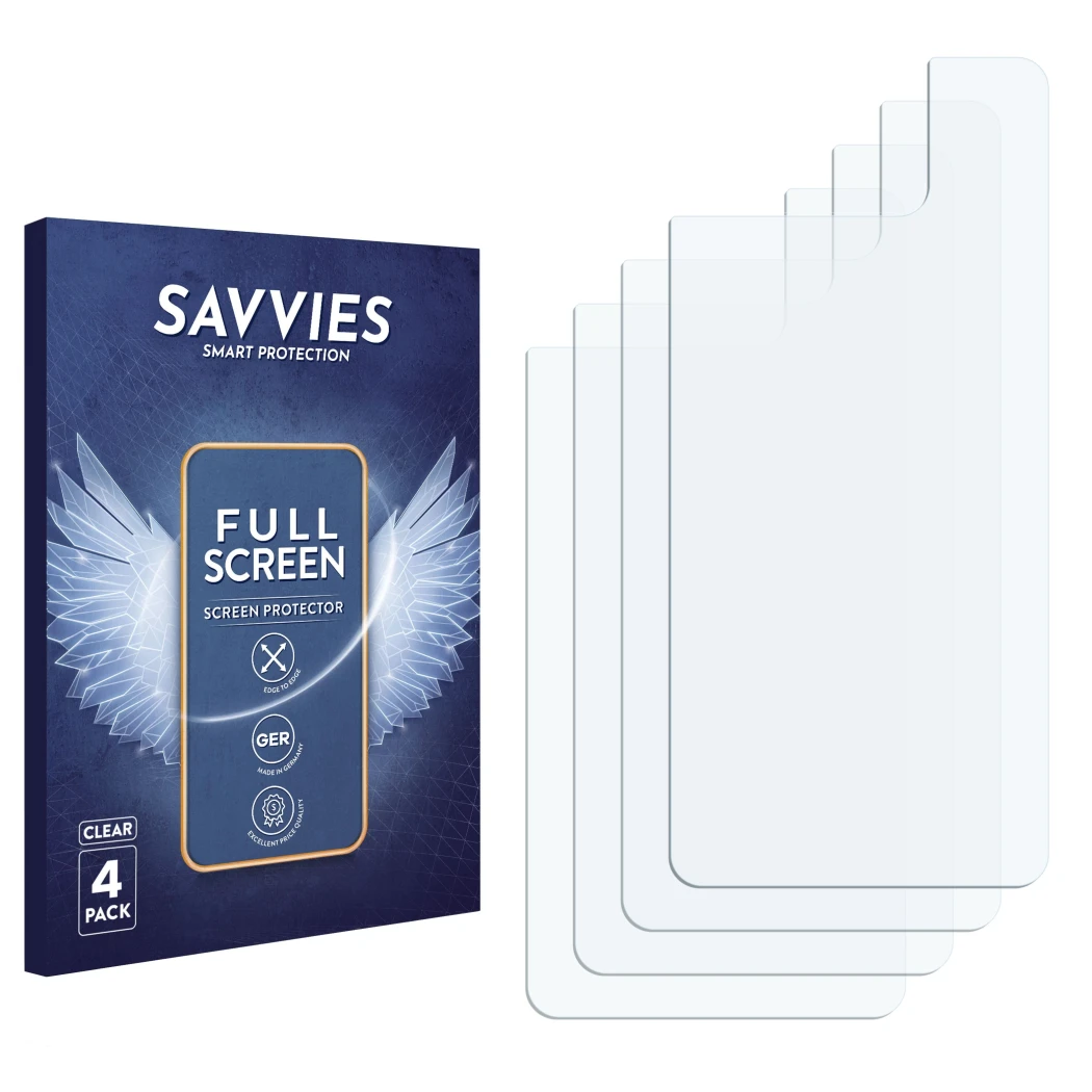 Front side of a product packaging with the brand logo Savvies. Next to it is the corresponding screen protector.