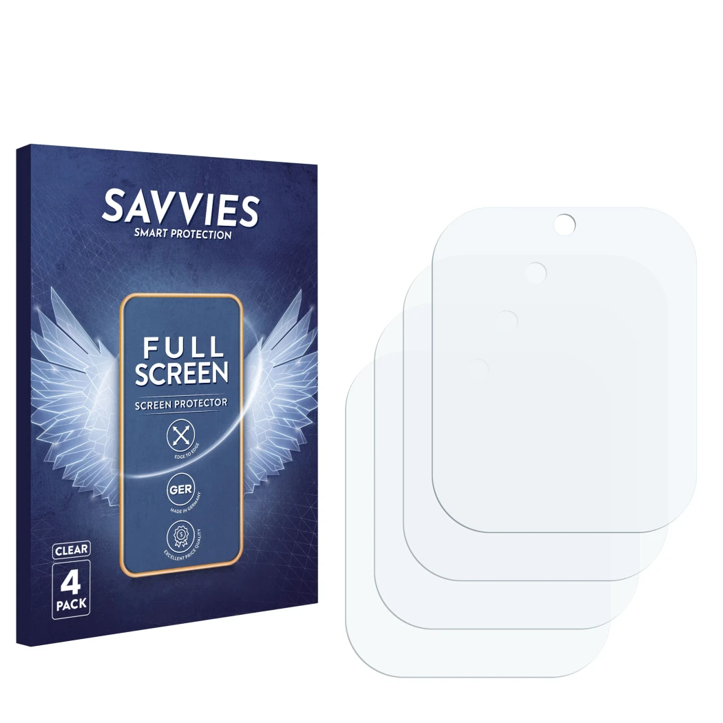 Front side of a product packaging with the brand logo Savvies. Next to it is the corresponding screen protector.