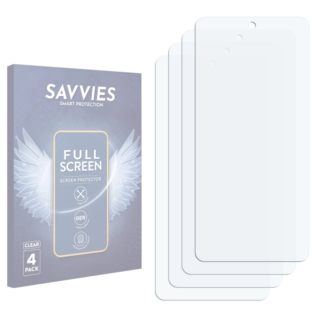 Front side of a product packaging with the brand logo Savvies. Next to it is the corresponding screen protector.