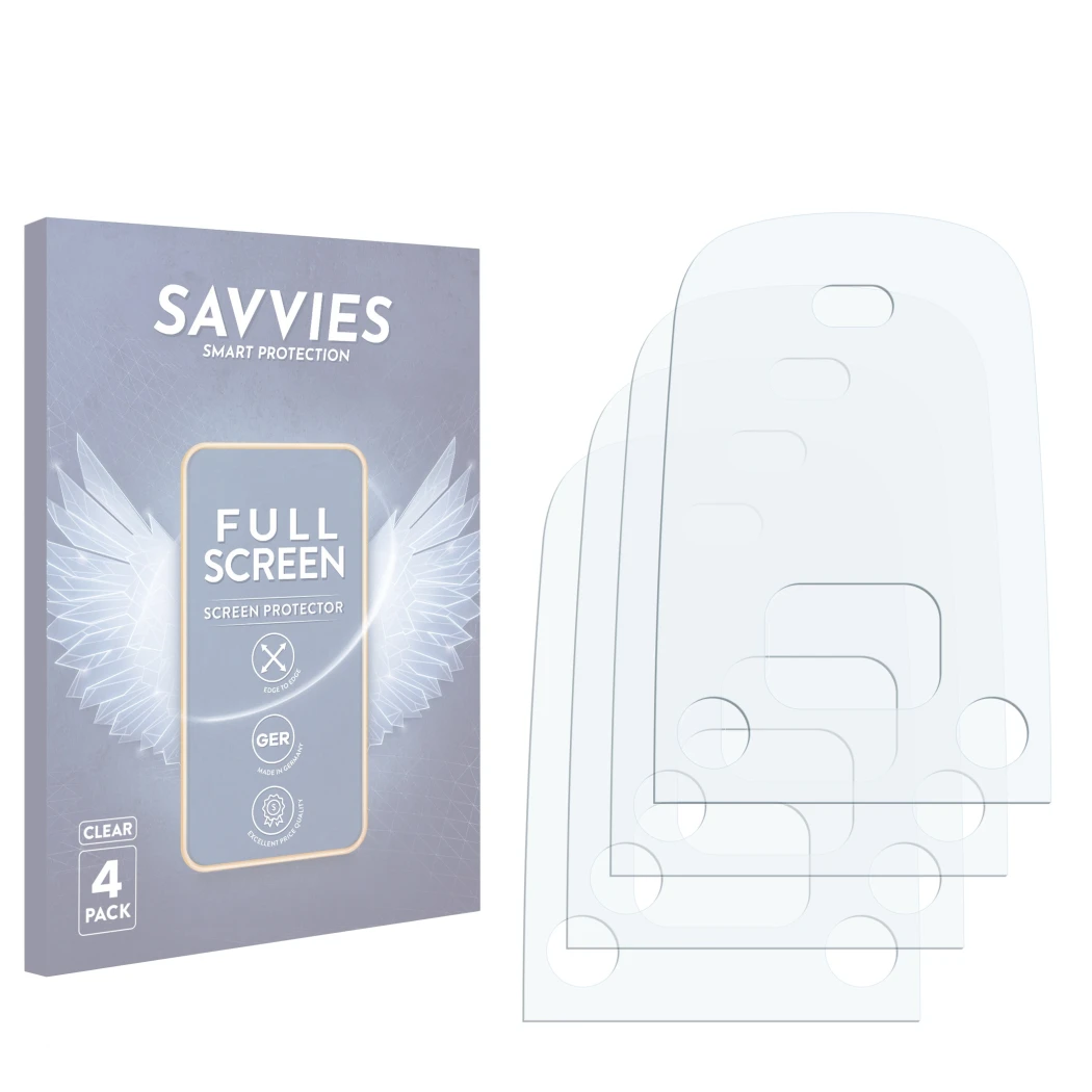 Front side of a product packaging with the brand logo Savvies. Next to it is the corresponding screen protector.