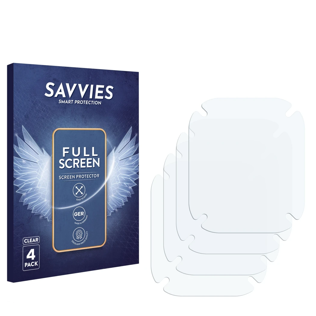 Front side of a product packaging with the brand logo Savvies. Next to it is the corresponding screen protector.