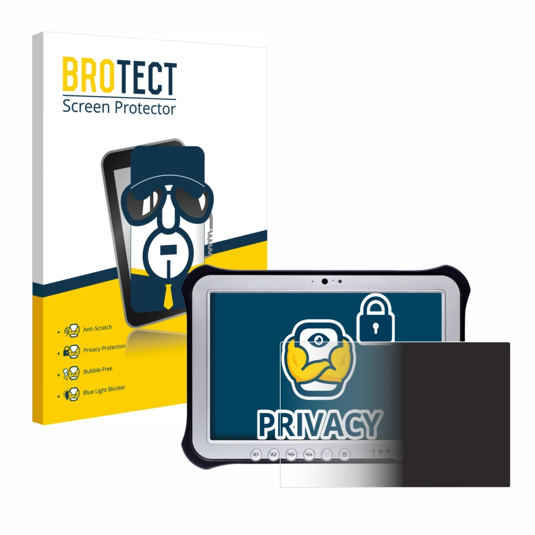 Front side of a product packaging with the brand logo BROTECT. Next to it is the device Panasonic Toughpad FZ-G1 shown with th