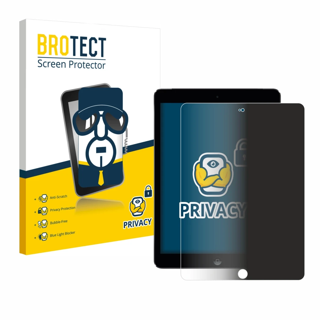 Front side of a product packaging with the brand logo BROTECT. Next to it is the device Apple iPad Air 2 2014 shown with the c