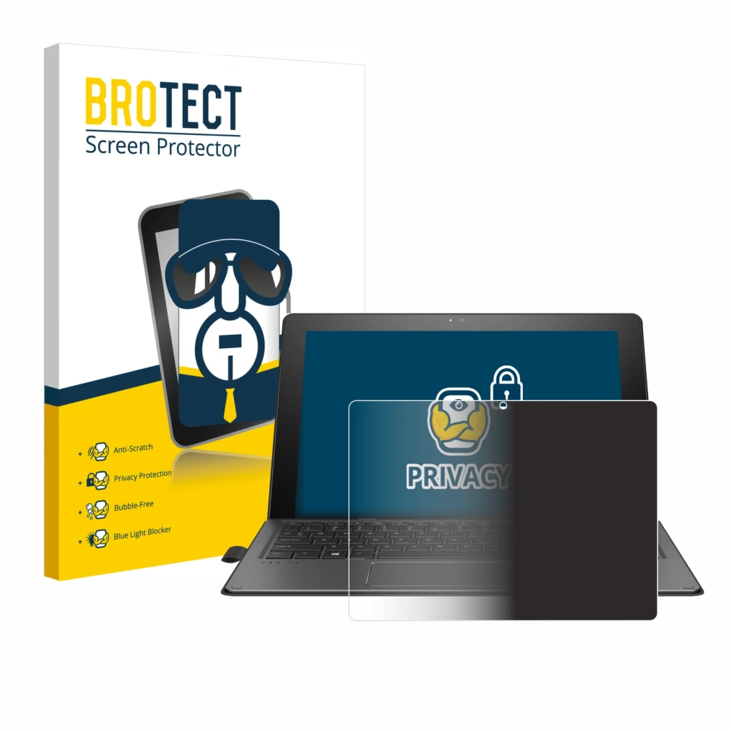 Front side of a product packaging with the brand logo BROTECT. Next to it is the device HP Pro x2 612 G2 shown with the corres
