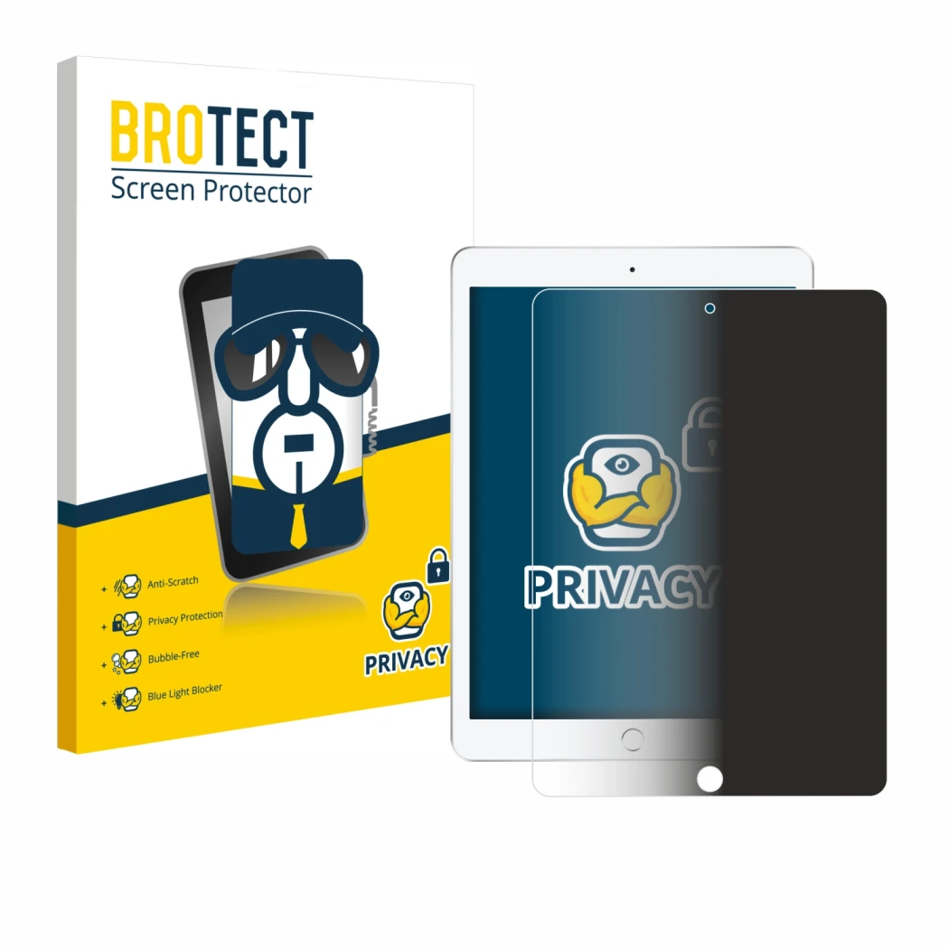 Front side of a product packaging with the brand logo BROTECT. Next to it is the device Apple iPad 9.7