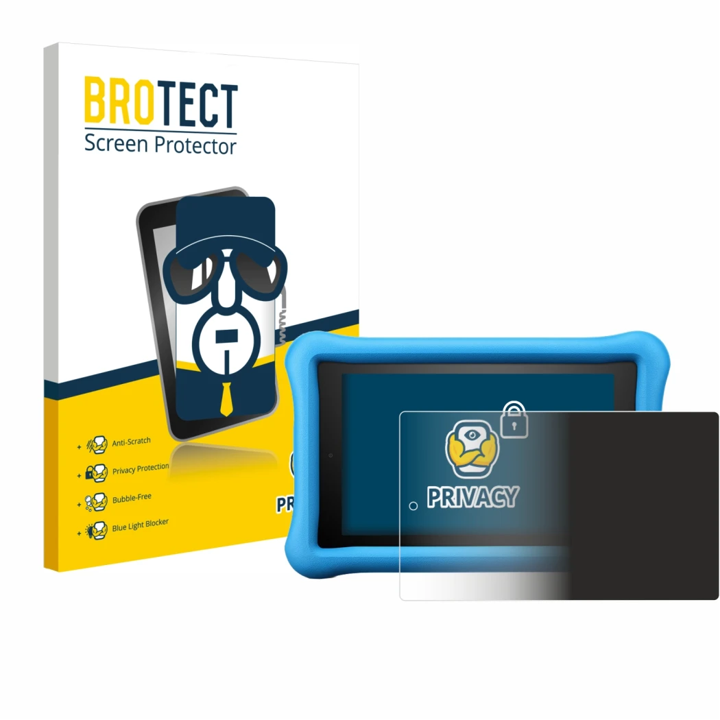 Front side of a product packaging with the brand logo BROTECT. Next to it is the device Amazon Fire HD 8 Kids Edition 2018 (8t