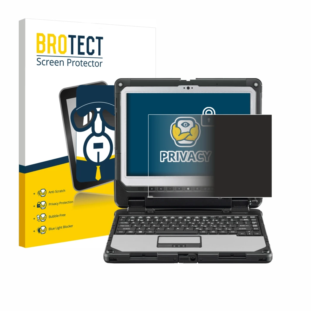 Front side of a product packaging with the brand logo BROTECT. Next to it is the device Panasonic Toughbook CF-33 shown with t