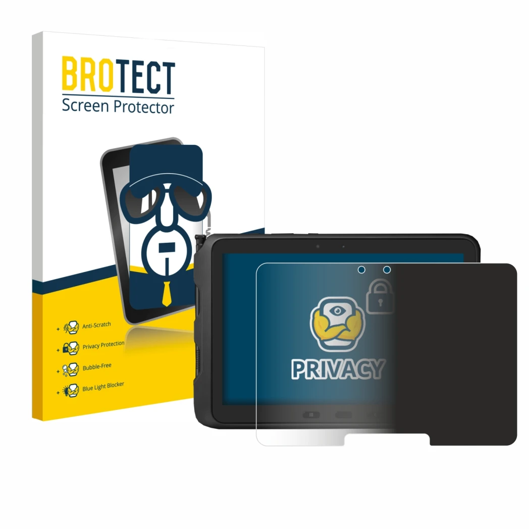 Front side of a product packaging with the brand logo BROTECT. Next to it is the device Samsung Galaxy Tab Active Pro shown wi