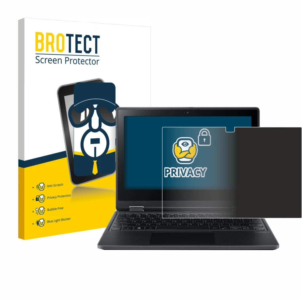 Front side of a product packaging with the brand logo BROTECT. Next to it is the device Acer TravelMate Spin B3 shown with the