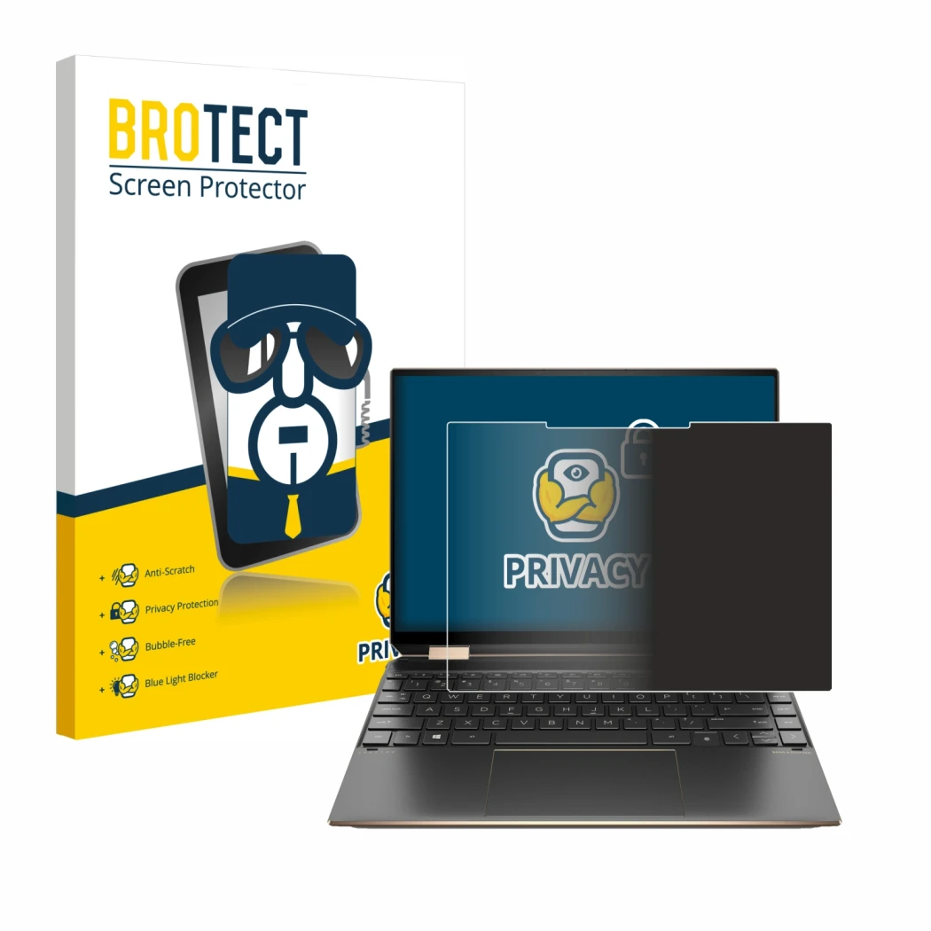 Front side of a product packaging with the brand logo BROTECT. Next to it is the device HP Spectre x360 (14-eX) 2021 shown wit