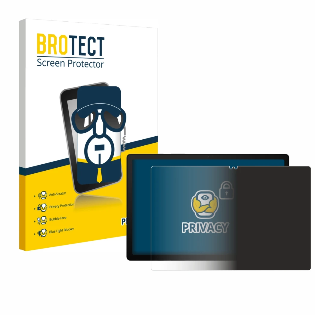 Front side of a product packaging with the brand logo BROTECT. Next to it is the device Samsung Galaxy Tab A8 WiFi shown with 