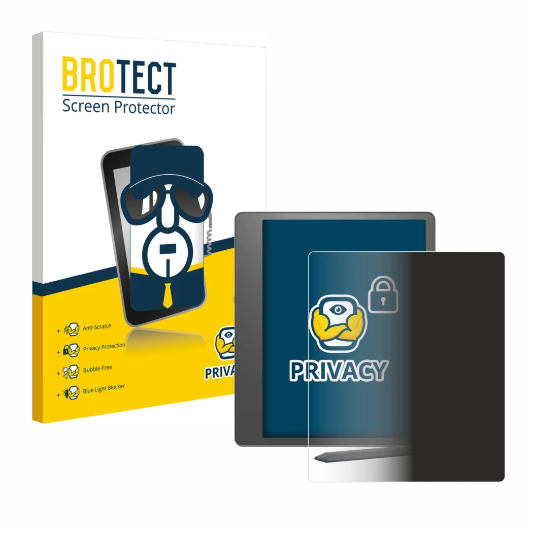 Front side of a product packaging with the brand logo BROTECT. Next to it is the device Amazon Kindle Scribe shown with the co