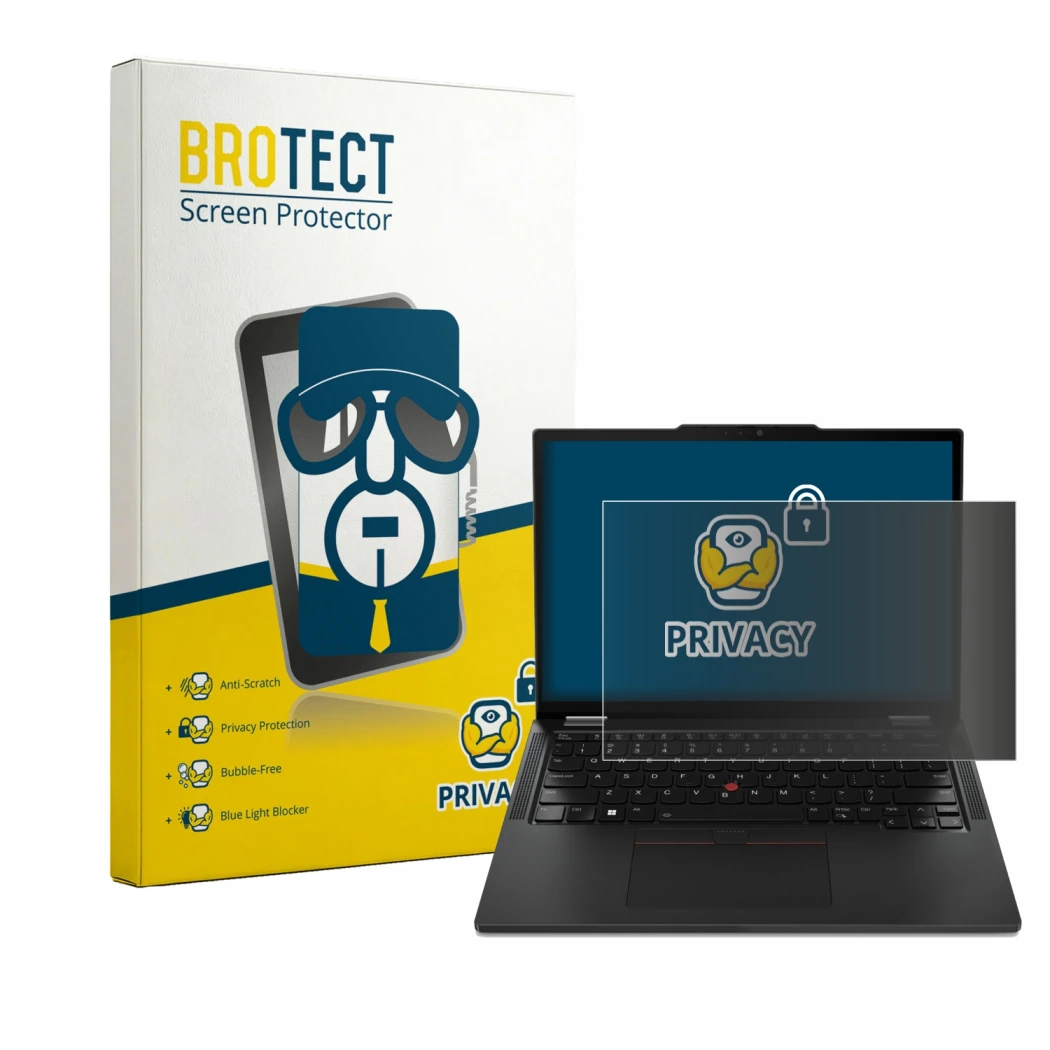 Front side of a product packaging with the brand logo BROTECT. Next to it is the device Lenovo ThinkPad X13 Gen 4 shown with t